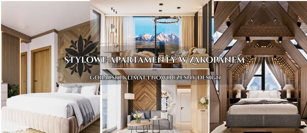 Kolaż wnętrz: sypialnie i salon z drewnem oraz przeszkleniami — stylowe apartamenty w Zakopanem.