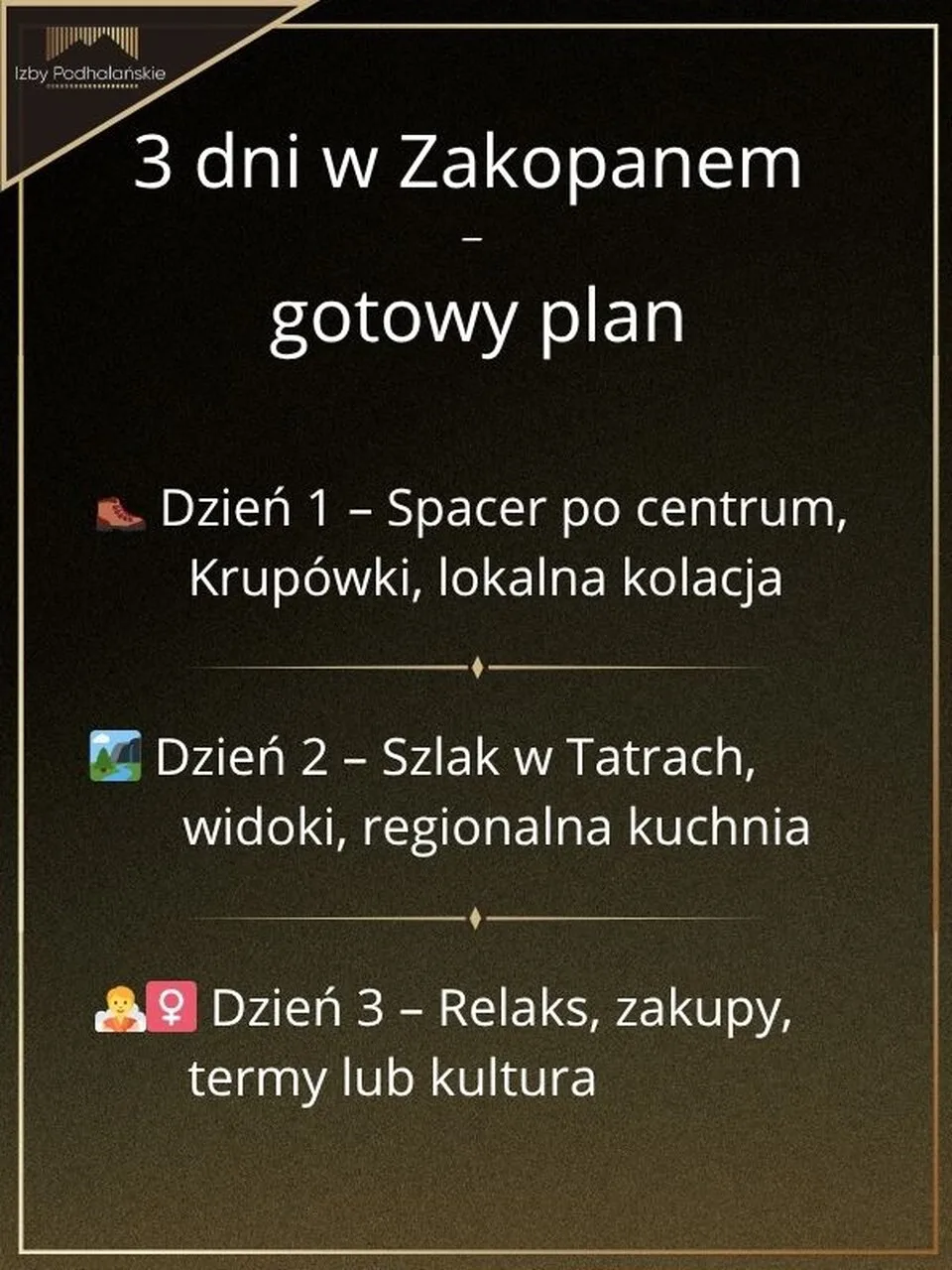 infografika z planem 3-dniowego pobytu w Zakopanem: atrakcje, kulinaria, relaks
