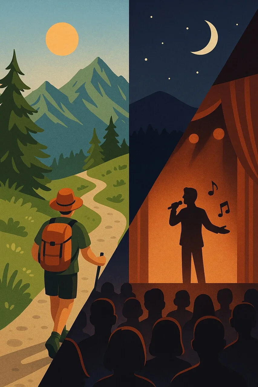 Ilustracja dzień i noc – poranny szlak w Tatrach i wieczorne wydarzenie kulturalne w Zakopanem