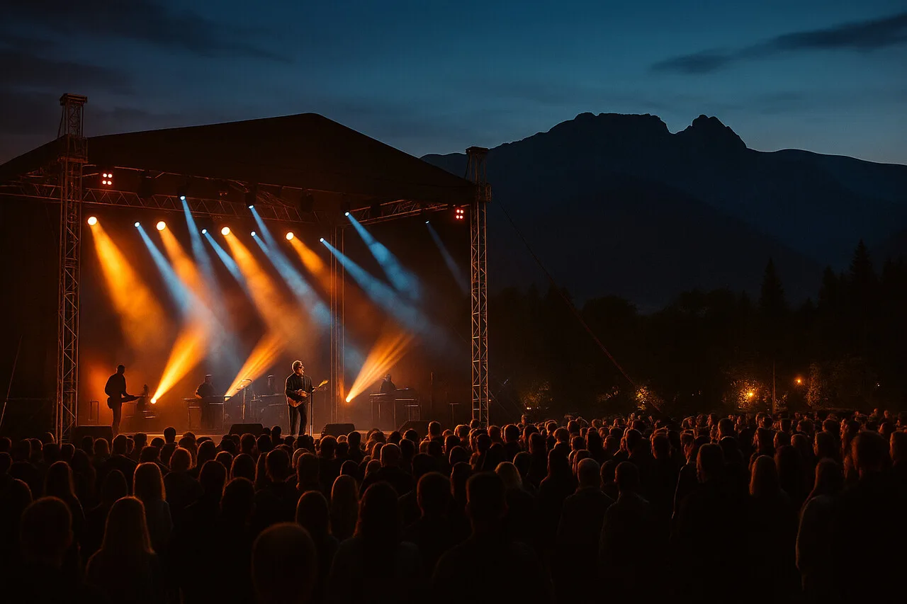 Wieczorny koncert plenerowy w Zakopanem na tle Tatr – muzyka i światła sceniczne