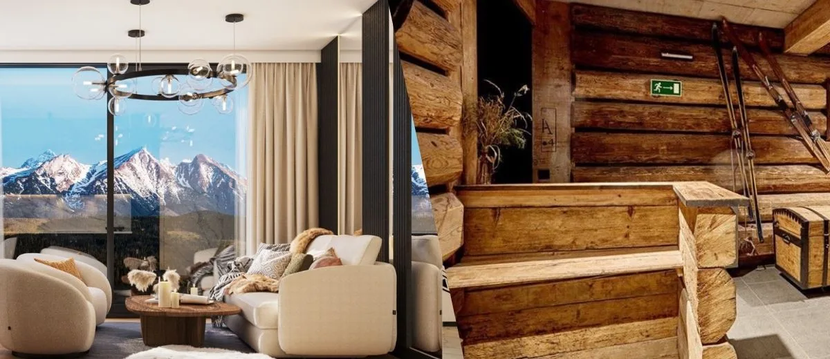Salon z widokiem na Tatry obok wnętrza z bali — nowoczesny design łączony z góralską tradycją.