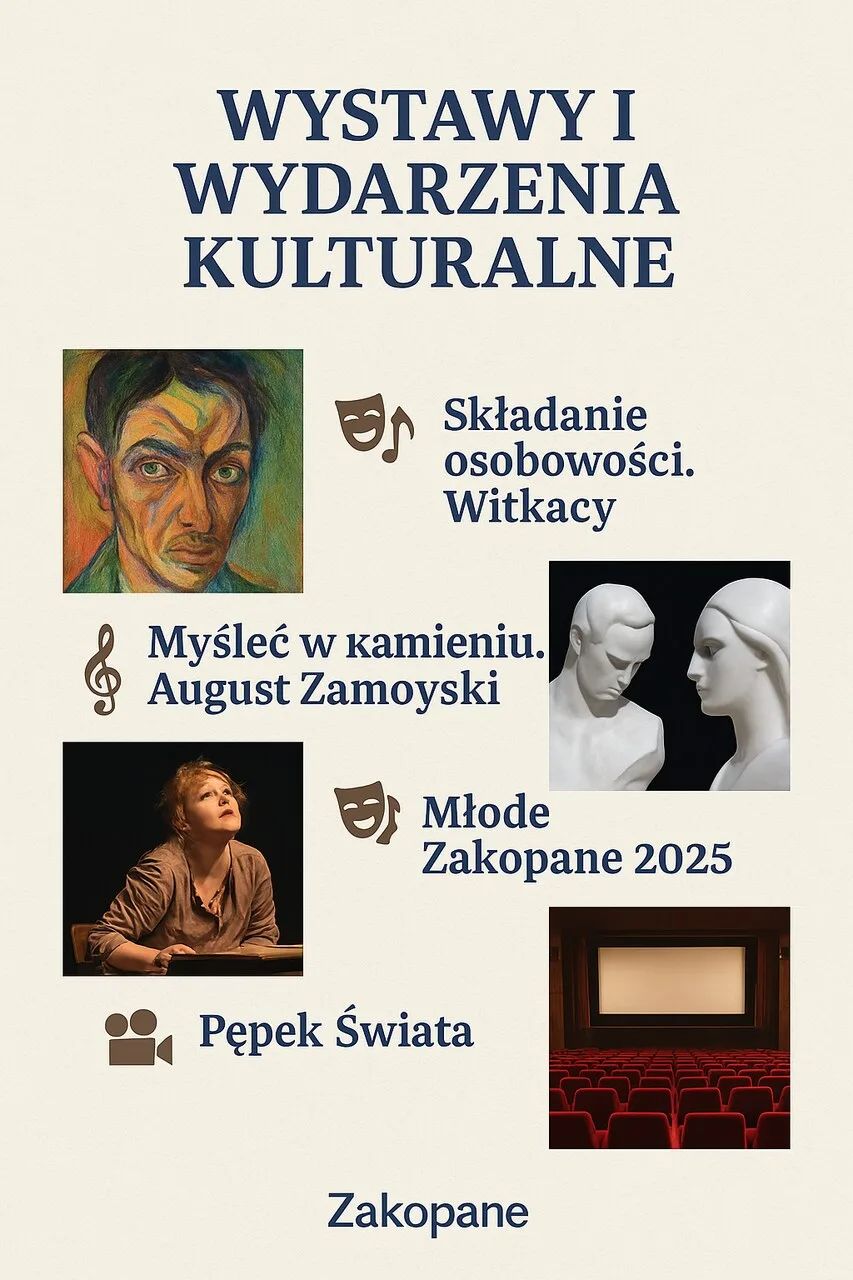 Plakat wydarzeń kulturalnych we wrześniu 2025 w Zakopanem – Witkacy, Zamoyski, teatr i kino