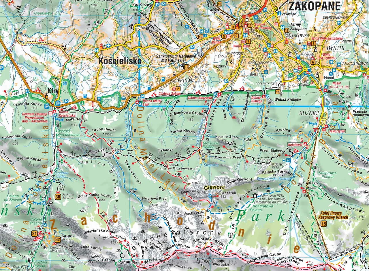 Mapa Zakopanego z zaznaczonymi atrakcjami z 3-dniowego planu zwiedzania
