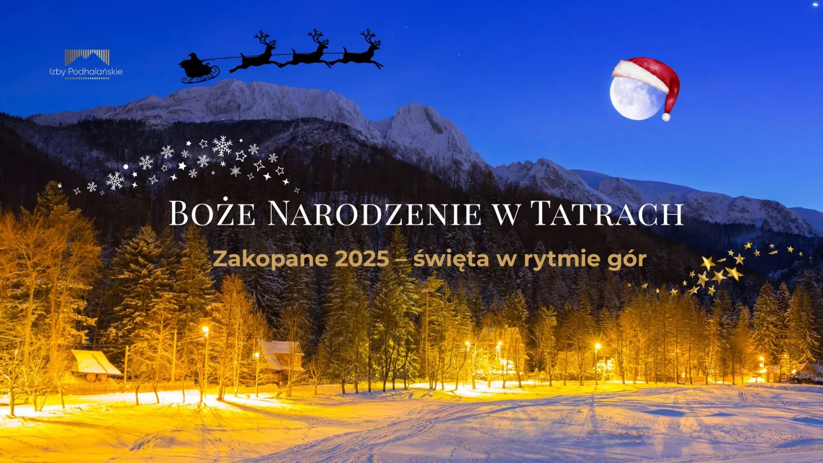 Boże Narodzenie w Tatrach – świąteczny widok Zakopanego z Giewontem w tle, śnieg i blask lampek